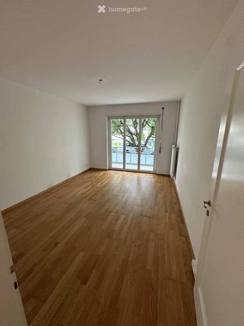 Empty hallway with wooden flooring, white walls, and a sliding glass door leading outside.