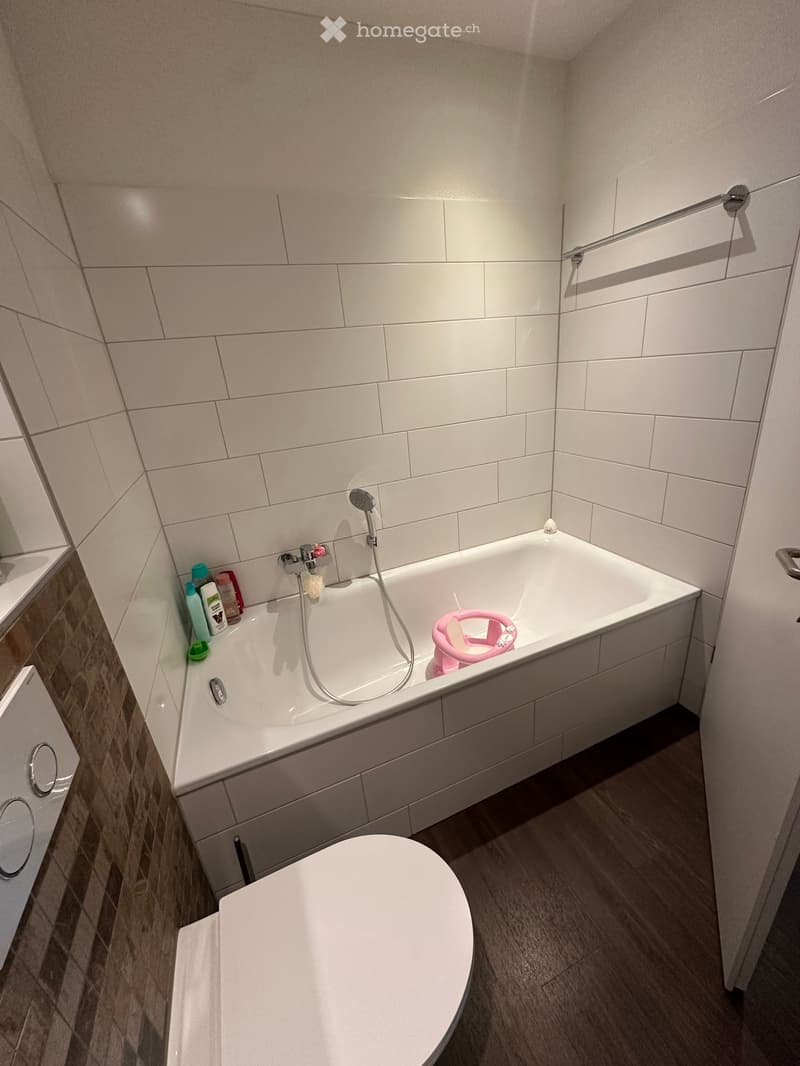 Modern bathroom with white tiled walls, a bathtub with a handheld shower, a toilet, and a small cabinet. Bath toys are visible in the tub.