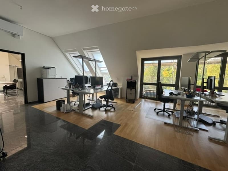 Bright, modern office space with wooden flooring, large windows, multiple desks, chairs, computers, and a printer. The room features a mix of dark and light tones, with a sleek, contemporary design.
