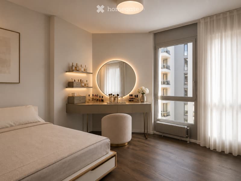 Modern bedroom with a large bed, a vanity table with a round mirror, shelves with bottles, a stool, and a window with sheer curtains.