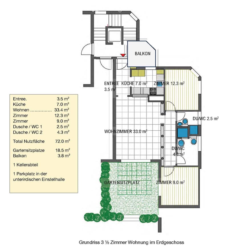 Floor plan of a 3.5-room apartment on the ground floor, including entrance, kitchen, living room, two bedrooms, two bathrooms, balcony, garden seating area, and parking space in the underground parking lot.