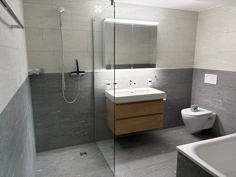 Modern bathroom with grey tiles, a glass-enclosed shower, a wooden vanity with a sink, a toilet, and a bathtub.