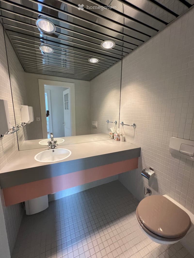 Modern bathroom with white tiled walls, a double sink vanity with a mirror, a toilet, and a towel rack. The ceiling features recessed lighting and a metallic finish.