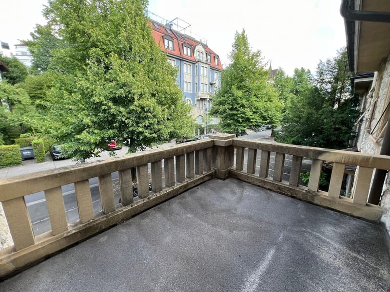 Balcony with stone balustrade overlooking a street lined with trees and buildings.