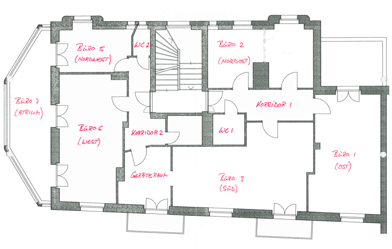 7 labeled rooms, 2 corridors, 2 WCs, 1 entrance hall