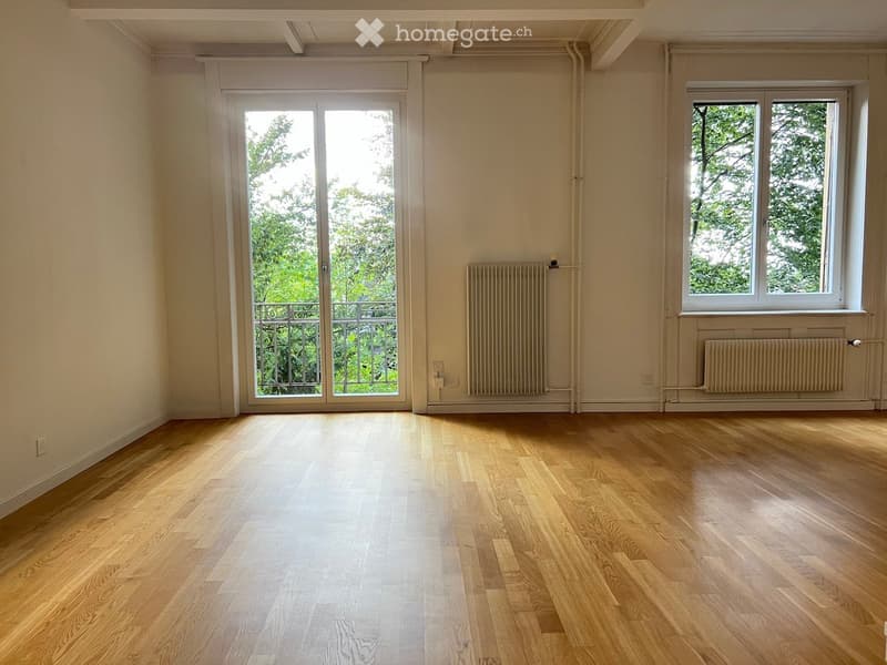 Empty room with wooden flooring, large sliding glass door leading to a balcony, and a window with white frame. Radiators are visible on the walls.
