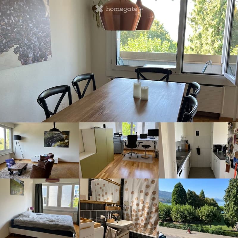 Collage of different rooms in a home, featuring a dining room with a large table, living room with a couch and fireplace, a bedroom with a bed and a desk with computers and chairs, a bathroom with a shower curtain and sink, and a view of the outdoors.