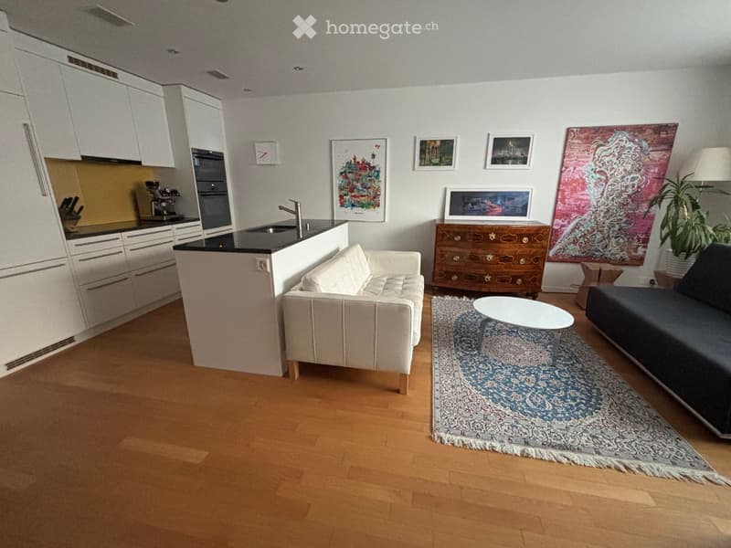 Modern living room with a kitchen area, featuring a white sofa, coffee table, kitchen cabinets, sink, and various decor items including picture frames and a plant.