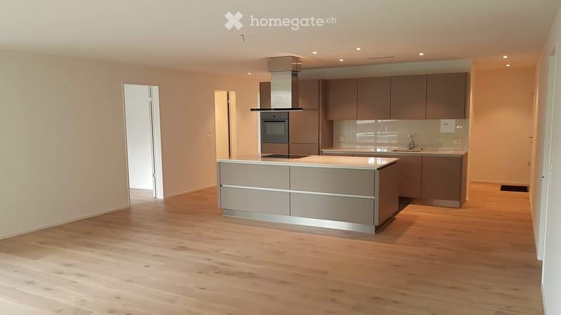 Modern kitchen with light wood flooring, grey cabinets, central island, built-in oven, and range hood.