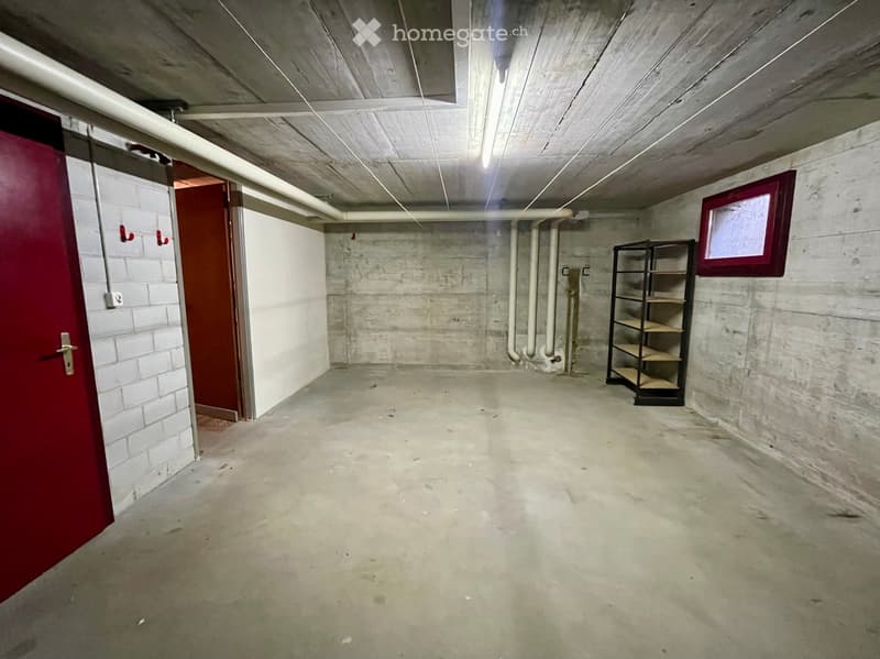 Empty basement space with concrete floors, exposed brick walls, and minimal furnishings including a small shelving unit and a framed picture on the wall.