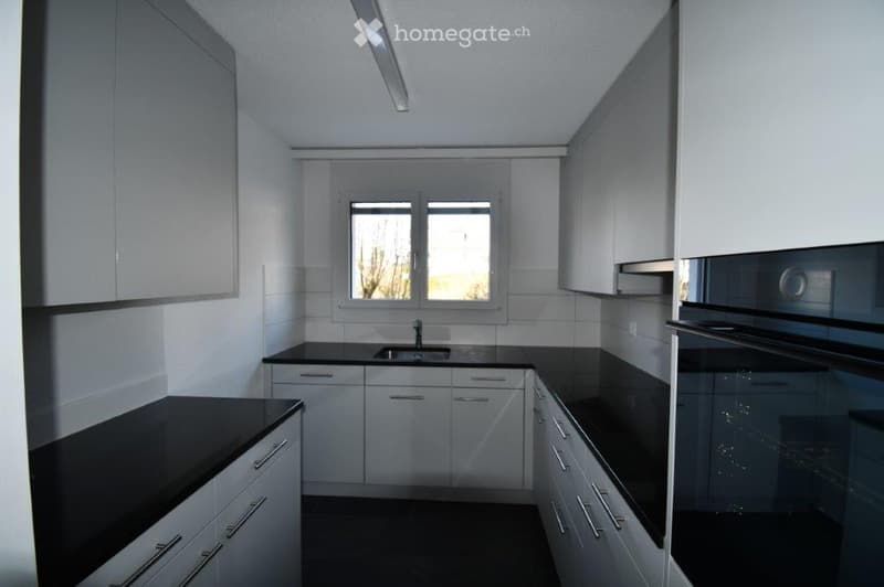 Modern kitchen with white cabinets, black countertops, and a window above the sink.