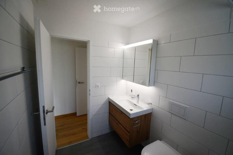 Modern bathroom with white tiled walls, wooden floor, sink with mirror, and cabinet.