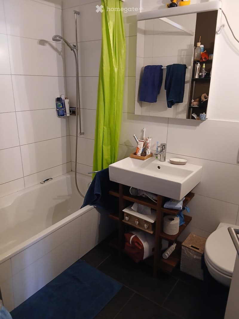 Modern bathroom with white tiles, a white sink, a bathtub, a toilet, and a shower area with a green curtain. Shelves hold towels and toiletries.