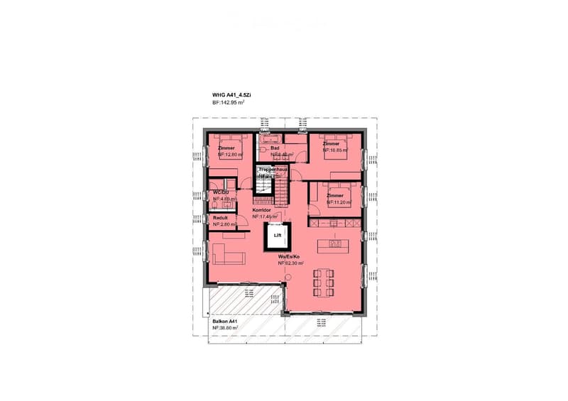 Floor plan of a 4.5-room apartment with a living/dining area, kitchen, three bedrooms, bathroom, WC, hallway, and a balcony.
