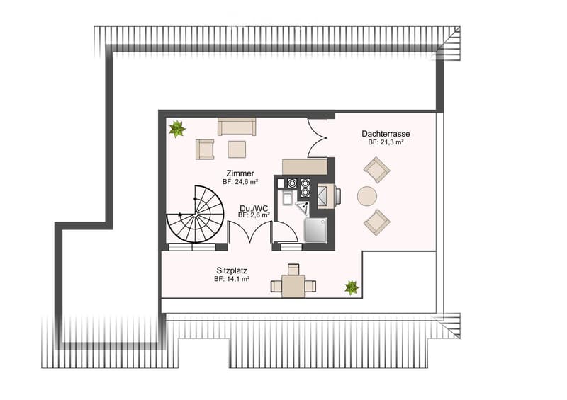 roof terrace, bathroom with shower, kitchen, living room, dining area, bedroom, hallway
