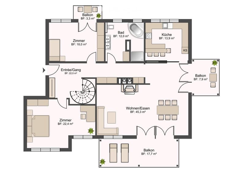 Entrance/Hall, Kitchen, Bathroom, 2 bedrooms, living/dining area, 3 balconies