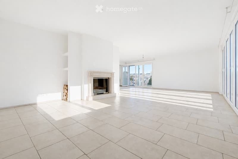 open living area, fireplace, tiled floor, large glass doors, skylight