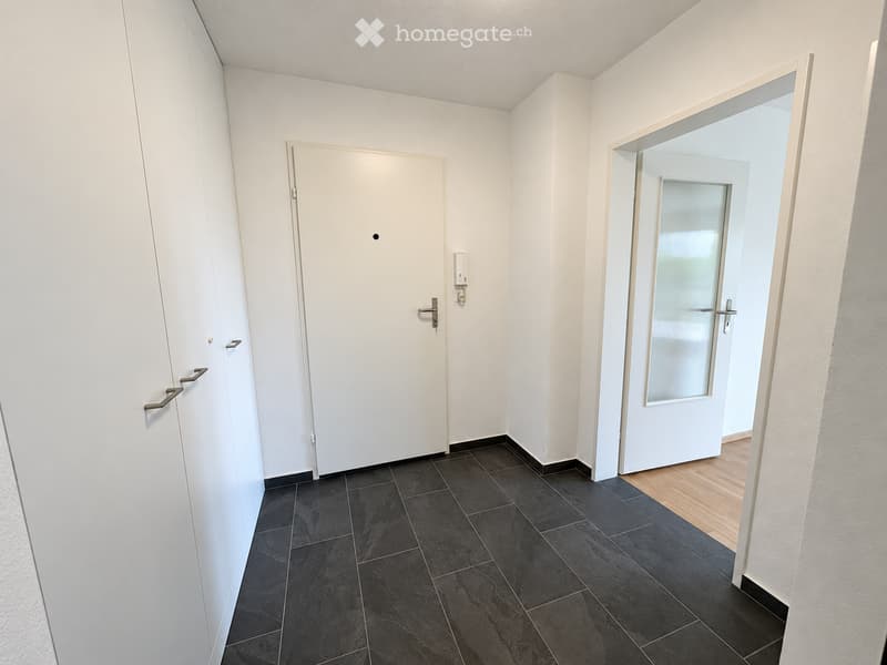 Clean, modern hallway with white walls, dark tiled floor, and two doors—one solid white door and one with a frosted glass panel leading to another room.