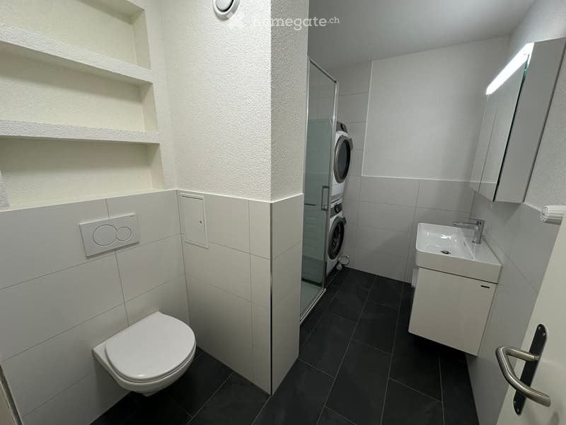 Modern bathroom with white tiled walls, a toilet, a sink with a mirror, and a washing machine in a glass-enclosed area.