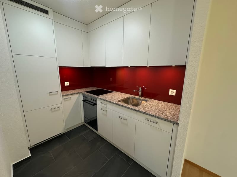Modern kitchen with white cabinets, granite countertop, stainless steel sink and faucet, and built-in oven. Dark tiled floor and red backsplash.