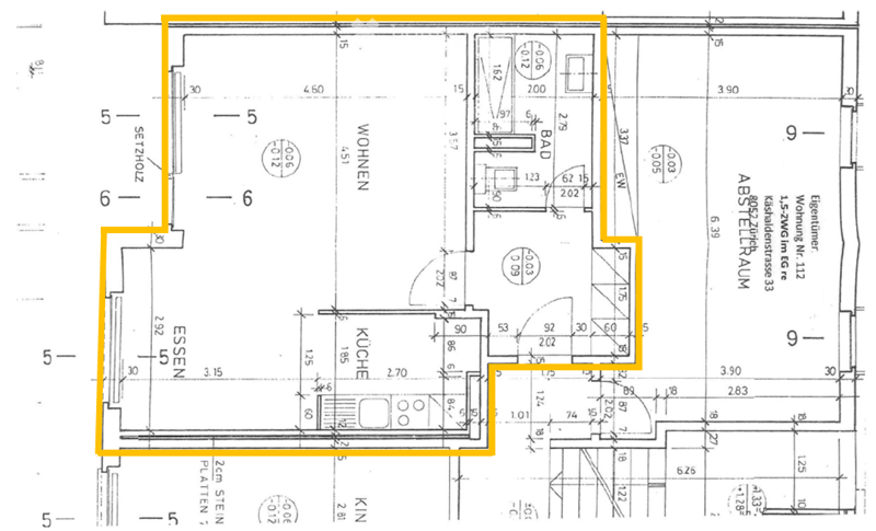 Floor plan showing a kitchen, living room, bedroom, and bathroom with labeled dimensions and room names.