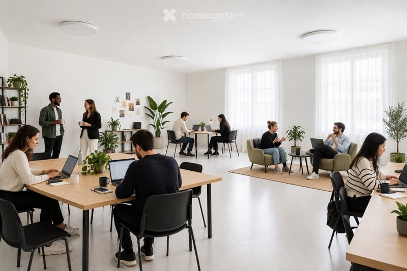 Modern office space with large tables, chairs, laptops, and people working and conversing. There are plants, shelves, and a cozy seating area with sofas.