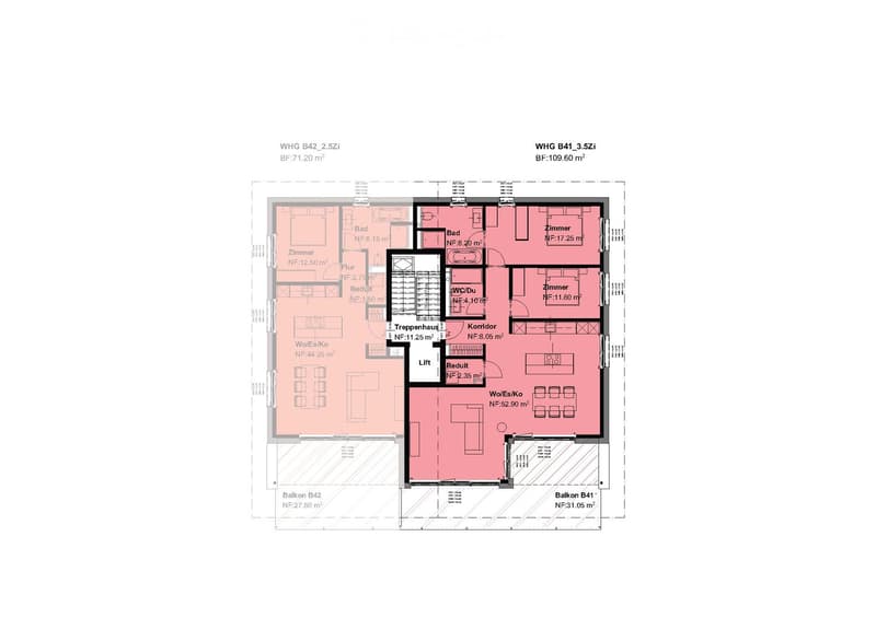 Floor plan of two apartments: WHG B42 (2.5Zi, 71.20 m²) and WHG B41 (3.5Zi, 109.60 m²). Layout includes living/dining area, bedrooms, bathrooms, hallway, staircase, and balconies.