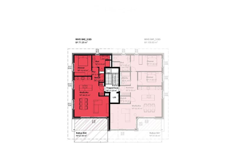 Floor plan of two apartments (WHG B42 and WHG B41) with labeled rooms including bedrooms, bathrooms, living/dining areas, hallway, staircase, and balconies.