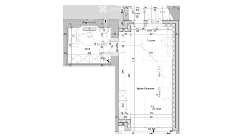 Floor plan of a residential space featuring a living room, bedroom, kitchen, bathroom, and entrance area.