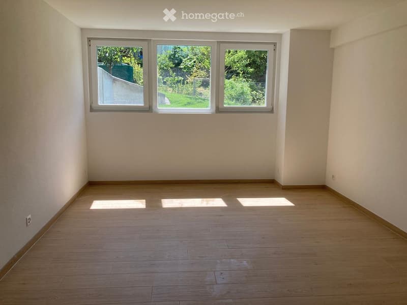 Empty room with wooden flooring and large windows, no furniture or equipment present.