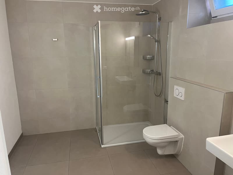 Modern bathroom with a glass-enclosed shower, toilet, and sink. Light-colored tiles and a sleek design.