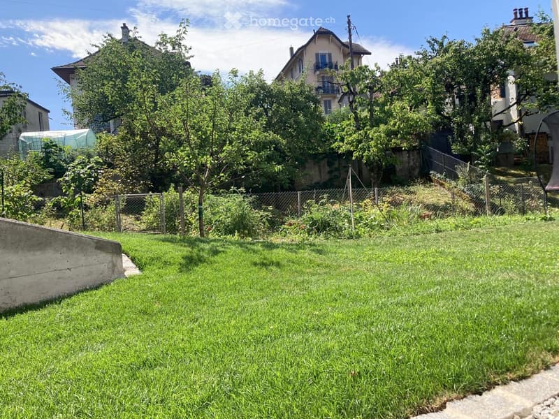Well-maintained garden with green grass, trees, and a fence, surrounded by neighboring houses and a raised ground floor.