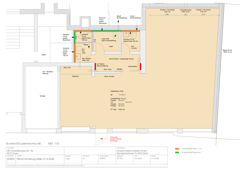 Floor plan of a ground floor commercial space, including a kitchen area, customer WC, customer area, heating system, electrical panel, and garage access.