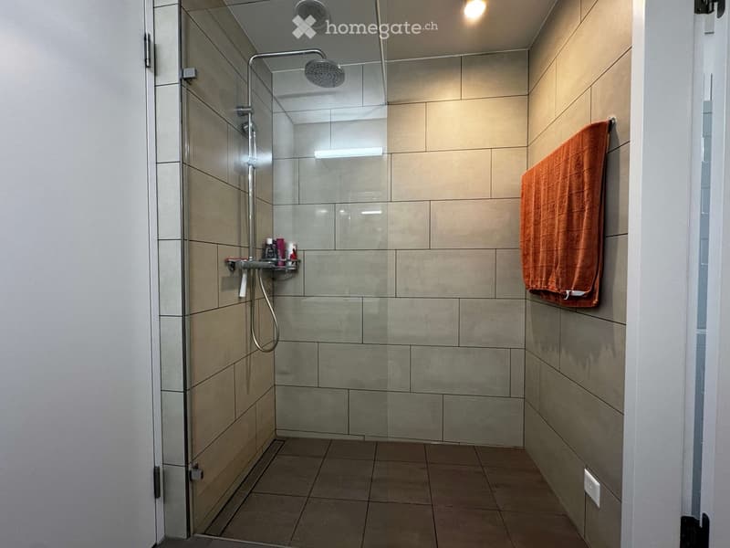 Modern shower area with glass enclosure, tiled walls, and a towel hanging on the side.