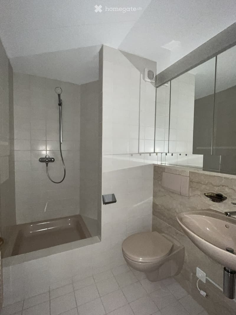 Modern bathroom with a bathtub, toilet, sink, and mirror. Features tiled walls and a sleek design.