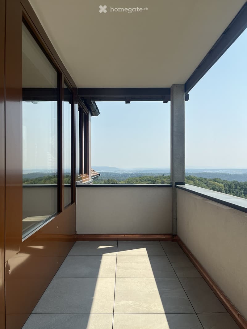 Spacious balcony with tiled floor, modern railings, and expansive scenic view of greenery and distant landscape.
