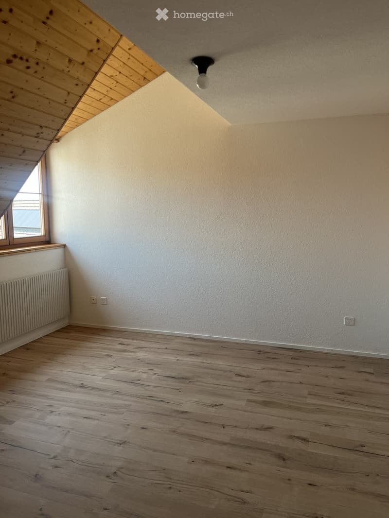 Empty room with wooden flooring, white walls, and a slanted wooden ceiling. Features a small window and a radiator on one wall.