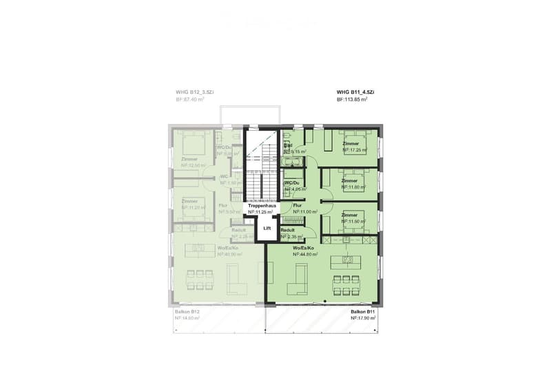 Floor plan of a two-bedroom apartment with two bathrooms, a hallway, and two balconies. Includes living and dining areas, kitchen, and staircase.