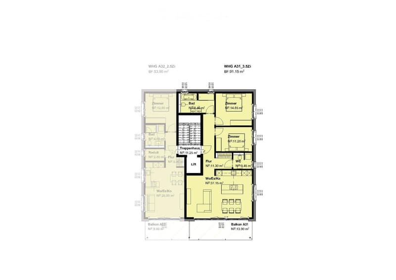 Floor plan of a two-bedroom apartment with two bathrooms, living/dining area, kitchen, hallway, and two balconies.