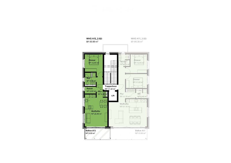Floor plan of two apartments (WHG A11 and WHG A12) with living spaces, bedrooms, bathrooms, balconies, and stairwell.