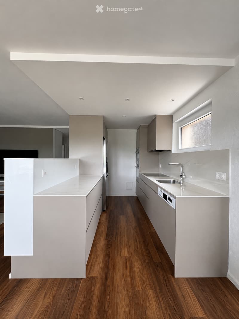 Modern kitchen with white cabinets, wooden flooring, and a sleek design. Features a sink, faucet, and dishwasher.