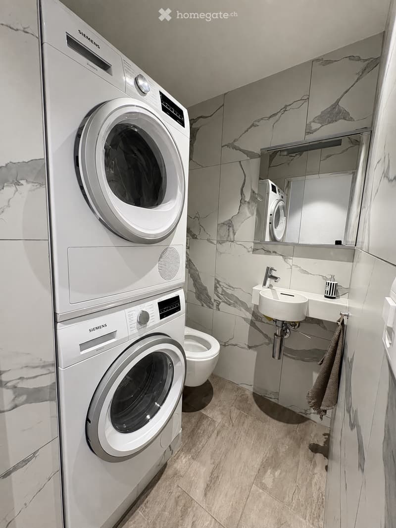 Modern bathroom with marble walls, a white Siemens washing machine, a toilet, a sink with a modern faucet, and a towel hanging on the side.