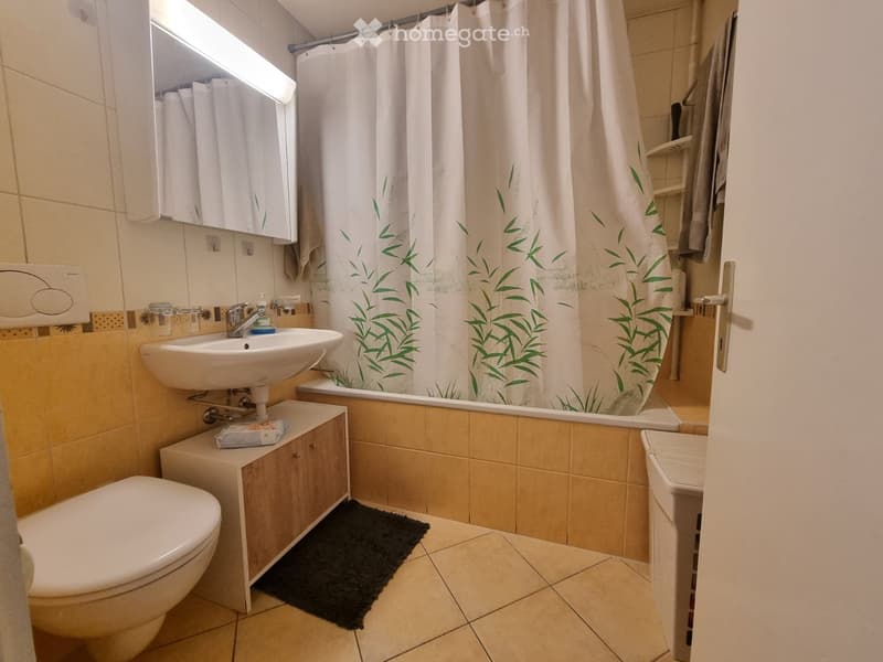 Bathroom with a sink, toilet, bathtub, mirror, and a small cabinet. The bathtub has a green plant-patterned shower curtain, and a towel is hanging on the side.