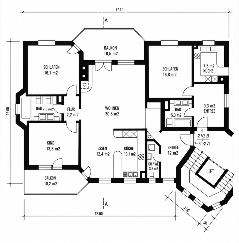 Floor plan of a 2-bedroom apartment with living room, dining area, kitchen, two bathrooms, two balconies, and a hallway.