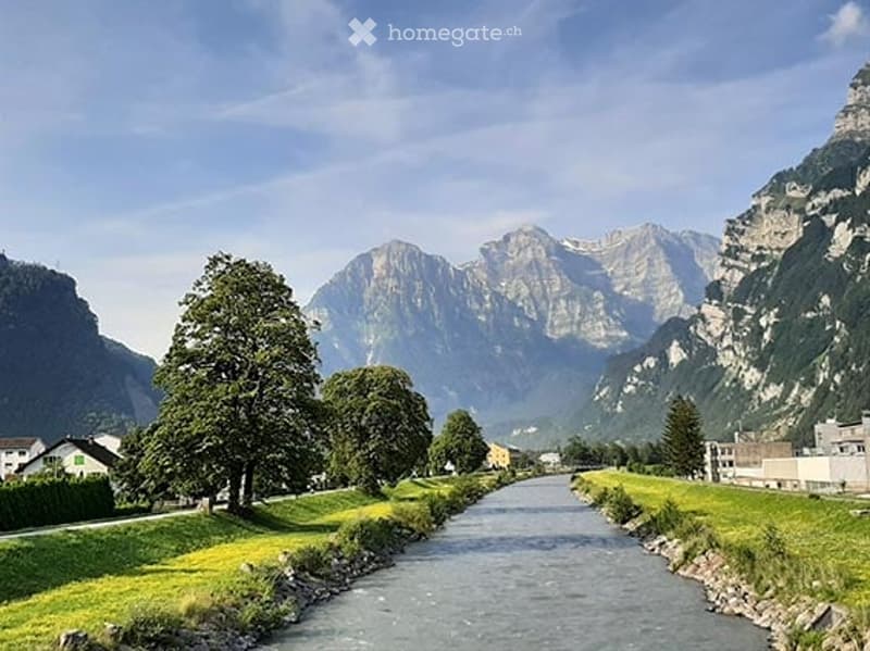 A scenic outdoor view featuring a river running through a valley with lush green grass on both sides, surrounded by towering mountains under a clear blue sky.