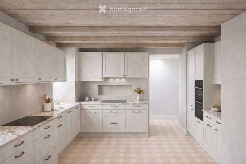 Bright, modern kitchen with white cabinets, marble countertops, and a built-in oven. Features include a wooden utensil holder, decorative vase, and small bowls on the counter.