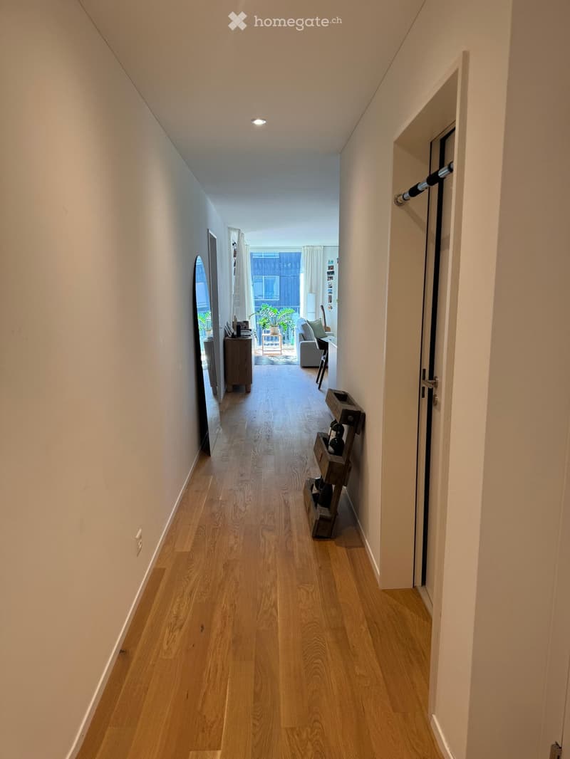 A narrow hallway with light wooden flooring, white walls, and recessed ceiling lighting. A small shoe rack is visible on the right side, and a partially open door leads to a living area with a sofa, coffee table, and a view of a balcony or outdoor space.