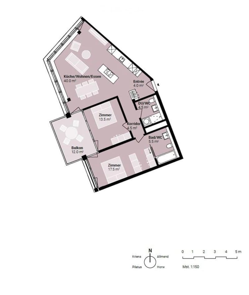 Floor plan of a 4-room apartment with a kitchen/living/dining area, two bedrooms, a bathroom, a separate WC, a hallway, and a balcony.