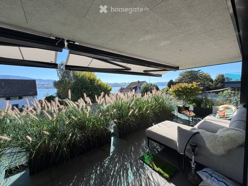 Modern outdoor terrace with a view of the lake and mountains, featuring a grey sofa, ottoman, coffee table, and decorative plants.