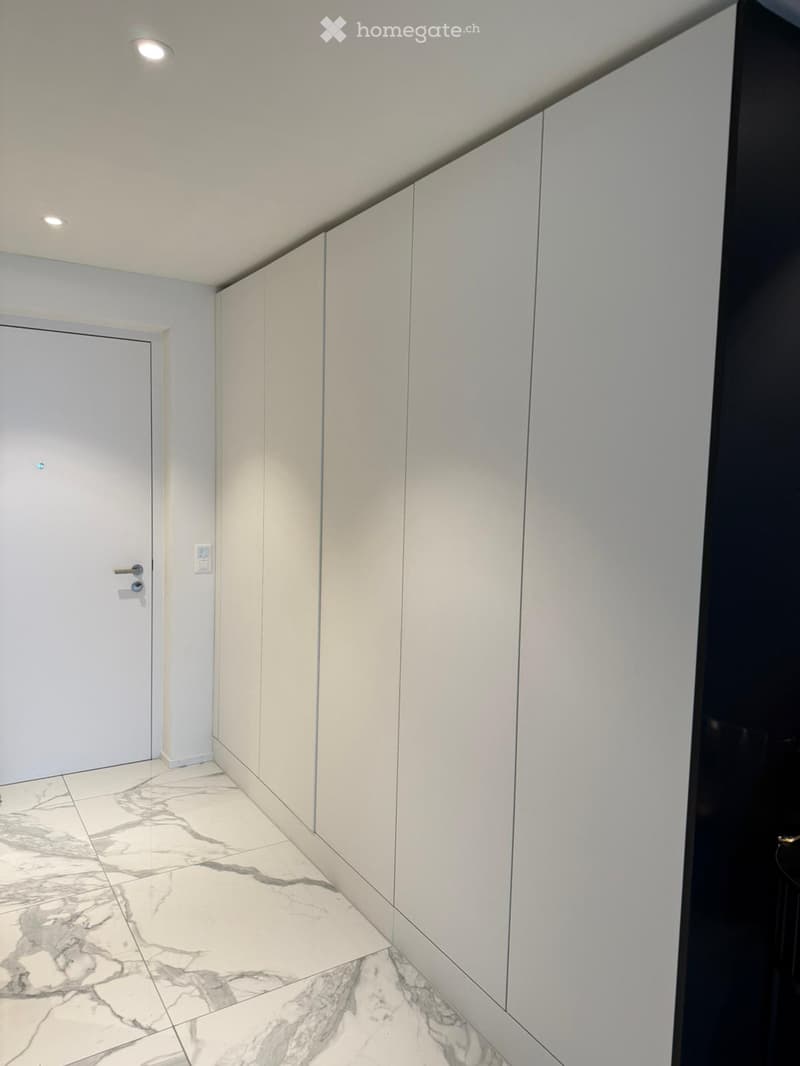 Modern hallway with white walls, marble flooring, built-in white cabinets, and recessed lighting.